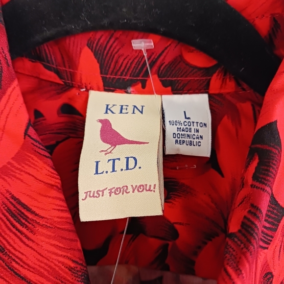 Size Large Ken LTD Mens Dress Shirt Red Floral, Cotton Tropical Fall - Picture 7 of 7